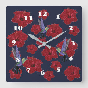 Horloge Carrée Hummingbirds Hibiscus Floral Art