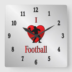 Horloge Carrée I Heart Football Nombres Noirs