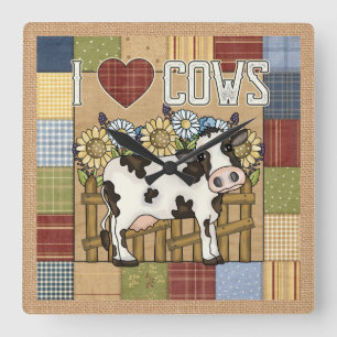 Horloge Carrée I Love Cows Country Patchwork