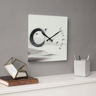 Horloge Carrée Ici et maintenant/peinture de brosse d'Enso Koi