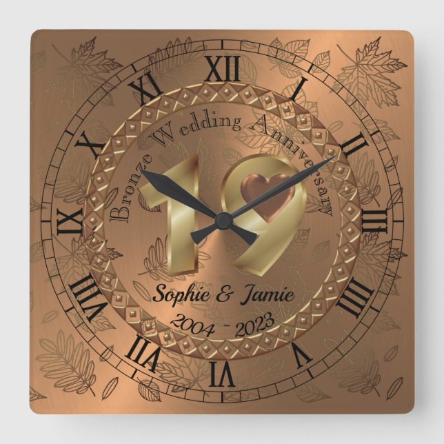 Horloge Carrée Idée cadeau personnalisé 19e anniversaire de bronz (Recto)