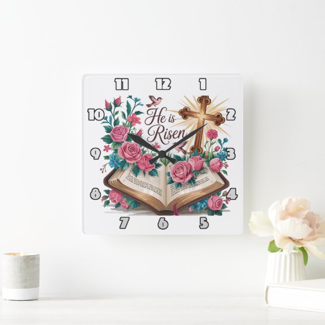 Horloge Carrée Il Est Ressuscité La Bible Florale (Maison)