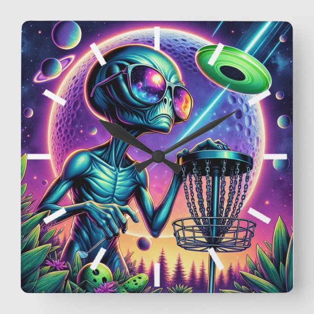Horloge Carrée Il est temps de faire du disque Golf | ALIEN (Recto)