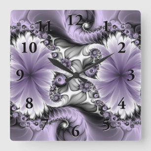 Horloge Carrée Illusion de lilas Art floral abstrait fractal Fant