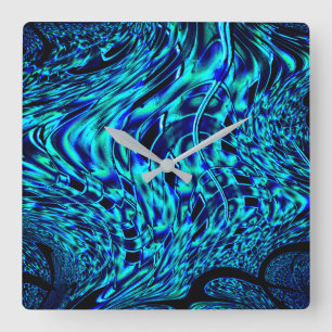 Horloge Carrée illusion métallique et tordue, image bleue à verte