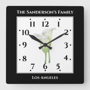 Horloge Carrée Illustration d'Arum blanc à l'aquarelle sur fond n