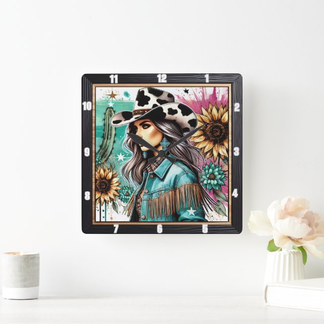 Horloge Carrée Illustration de cow-girl élégante Thèmes floraux o (Maison)