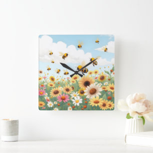 Horloge Carrée Illustration de fleurs et d'abeilles mignonnes