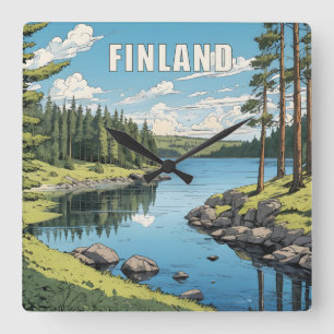 Horloge Carrée Illustration de la nature finlandaise