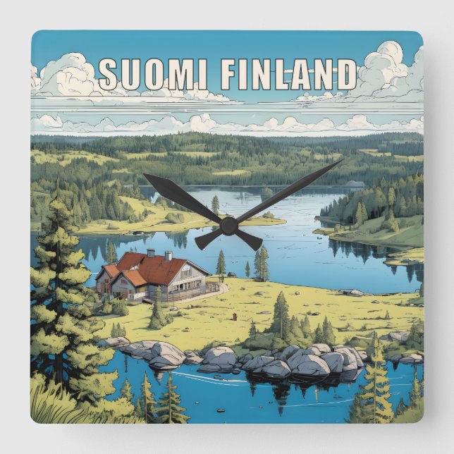 Horloge Carrée Illustration de la nature finlandaise (Recto)