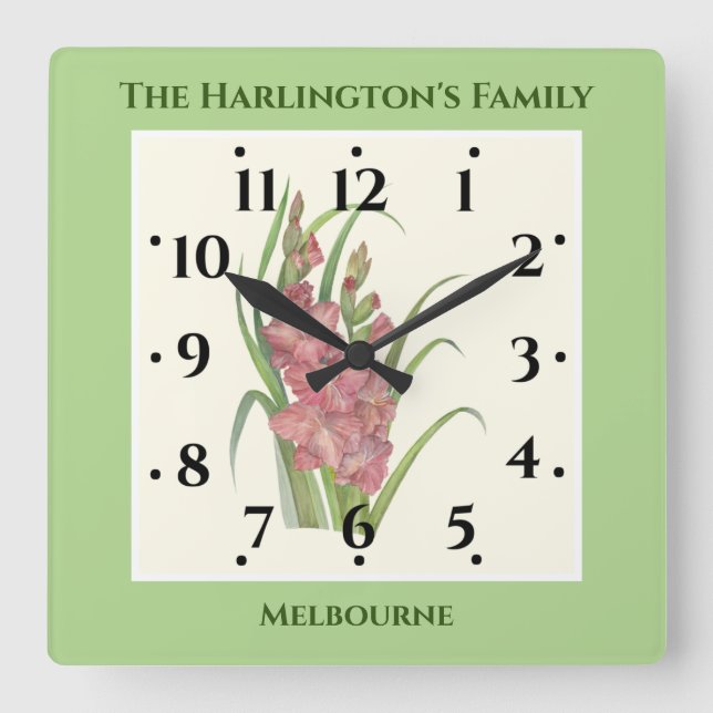 Horloge Carrée Illustration de l'aquarelle saumon Peach Gladioli (Recto)