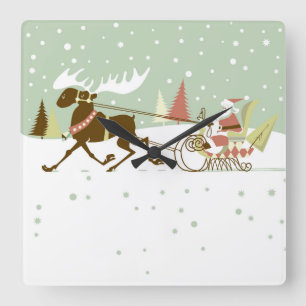 Horloge Carrée Illustration de Père Noël et rennes colorés