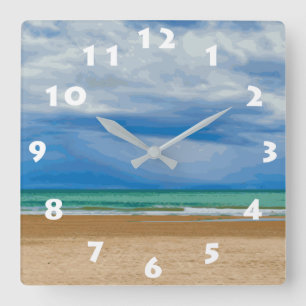 HORLOGE CARRÉE ILLUSTRATION DE PLAGE MODERNE AVEC NUMÉRO BLANC