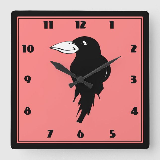 Horloge Carrée Illustration d'oiseaux de corbeau noir (Recto)
