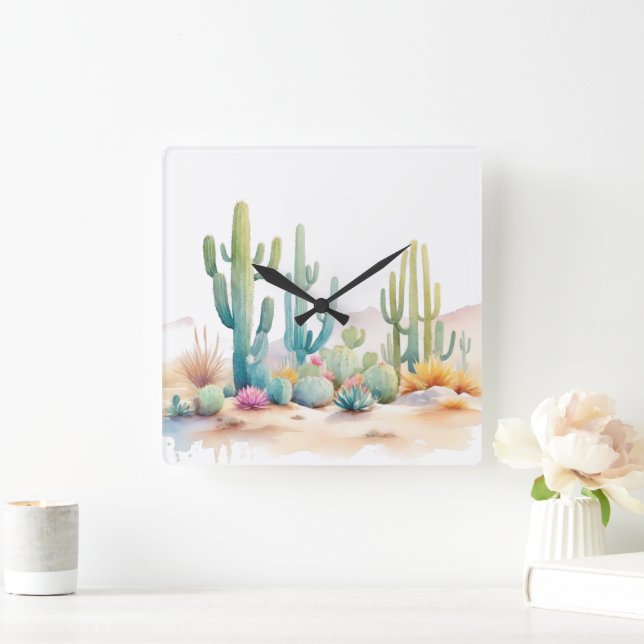 Horloge Carrée Illustration du désert d'aquarelle (Maison)
