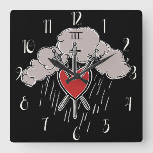 Horloge Carrée Illustration du Tarot 3 d'Épées Amour Cœur