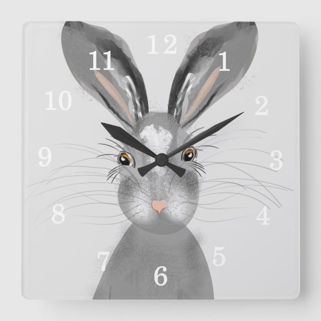 Horloge Carrée Illustration du Whimsy du lièvre gris mou (Recto)