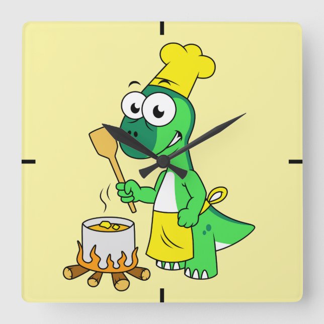 Horloge Carrée Illustration D'Une Cuisine De Parasaurolophus Dino (Recto)