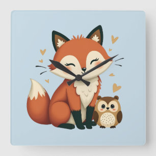 Horloge Carrée Illustration fantaisiste de renard et de hibou de