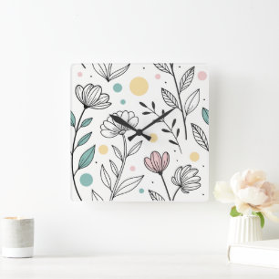 Horloge Carrée Illustration florale minimaliste avec points paste