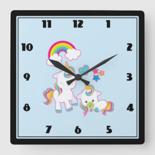 Horloge Carrée Illustration magique Cute Mama & Baby Unicorn