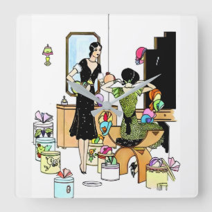 Horloge Carrée Illustration vintage Art Déco d'une boutique de ch
