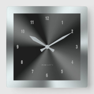 Horloge Carrée Image of Black & Silver & Metallic Stainless Steel