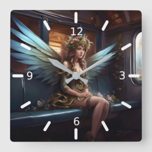 Horloge Carrée Imaginaire Belle Fée Sur Un Train