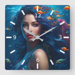 Horloge Carrée Imaginaire Belle Sirène Bleue