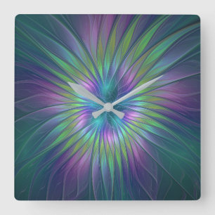 Horloge Carrée Imaginaire brillant coloré Fleur Abstrait Fractal 