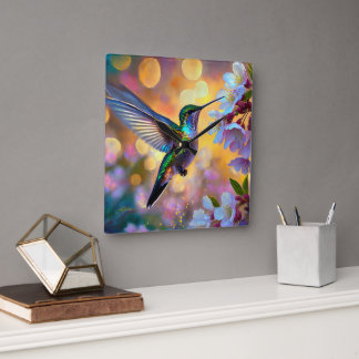 Horloge Carrée Imaginaire de cerisier en fleurs Hummingbird