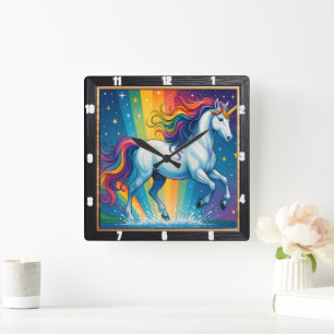 Horloge Carrée Imaginaire magique Rainbow Unicorn