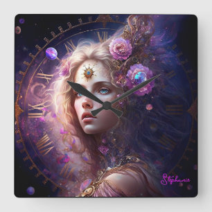 Horloge Carrée Imaginaire Princesse Fleurs violettes