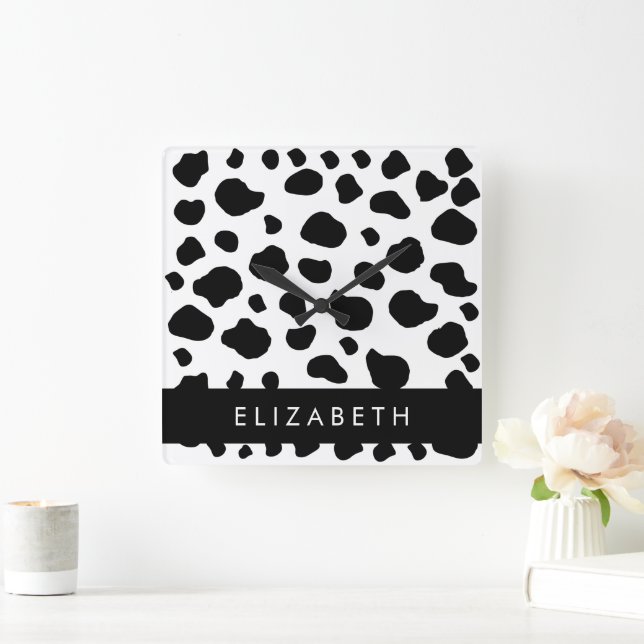 Horloge Carrée Impression De Vache, Spots De Vache, Noir Et Blanc (Maison)