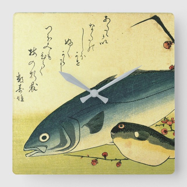Horloge Carrée Inada & Fugu - Hiroshige's Japanese Fish Print (Recto)