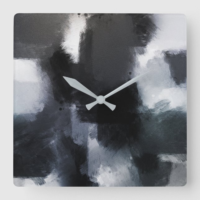 Horloge Carrée Indigo Grey Noir Moderne Abstrait Brushstrokes (Recto)