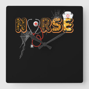 Horloge Carrée Infirmière Cadeau Halloween avec Citrouille Boo Sp