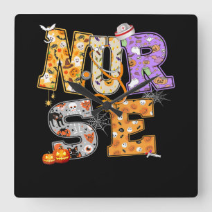 Horloge Carrée Infirmière Cadeau Halloween avec Citrouille Boo Sp