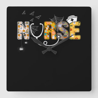 Horloge Carrée Infirmière d'Halloween avec Citrouille Boo Spider 
