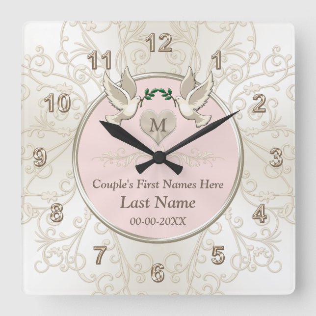 Horloge Carrée Inséparables Blush Cadeaux de mariage Horloge, per (Recto)