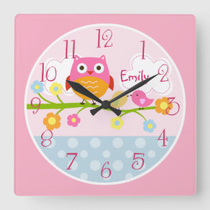 Horloge Carrée Inséparables et hibou personnalisés sur l'horloge