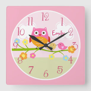 Horloge Carrée Inséparables et hibou personnalisés sur l'horloge