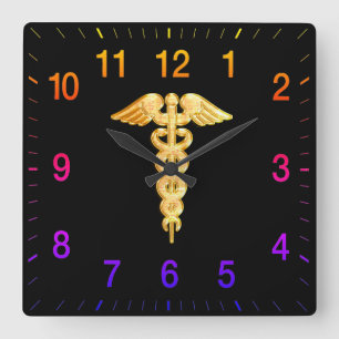 Horloge Carrée Insigne vigilant médical orange d'or