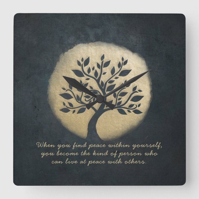Horloge Carrée Instructeur de méditation Yoga Black Gold Tree Cit (Recto)