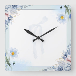 Horloge Carrée Invitation élégante bleue aquarelle florale et rub