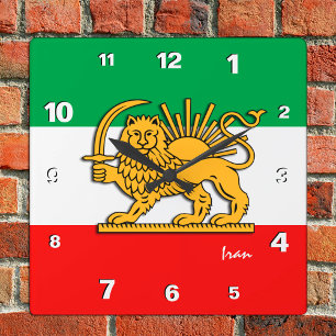 Horloge Carrée Iran Horloge, drapeau persan avec Lion, Shah d'Ira