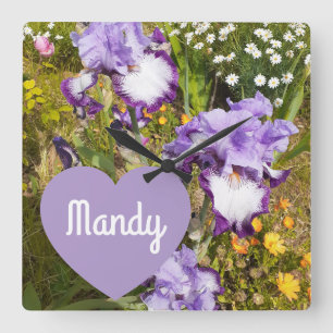 Horloge Carrée Iris Irises Fleur violette Anniversaire Filles Nom