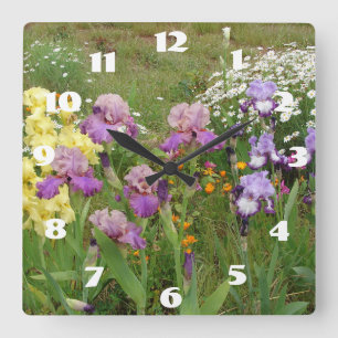 Horloge Carrée Iris Violet Iris Irises Blanc Fleur Jardin