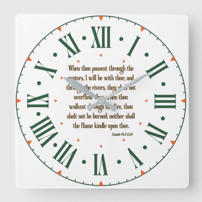 Horloge Carrée Isaiah 43:2 KJV Bible Verse Roman Numeral (Recto)
