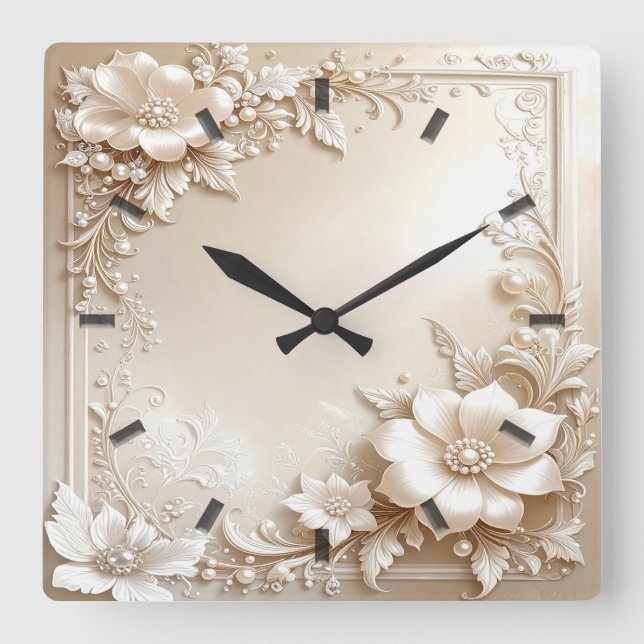 Horloge Carrée Ivory Flowers Wall Clock (Recto)